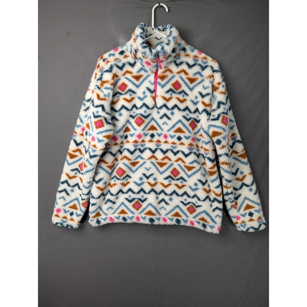 Eddie Bauer Womens Medium Fleece Pullover Aztec Geometric‎ Quarter Zip White